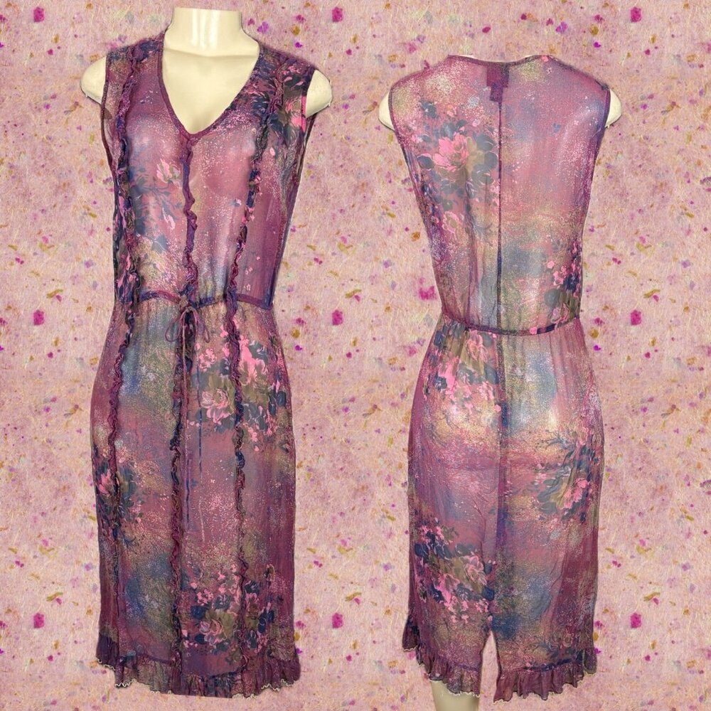 Plenty M Purple Floral Silk Sheer V-Neckline Rufffle Sleeveless Below Knee Dress